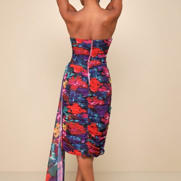 Lulus Uncommon Aesthetic Black Floral Strapless Bodycon Midi Dress - Size M - Picture 3 of 3